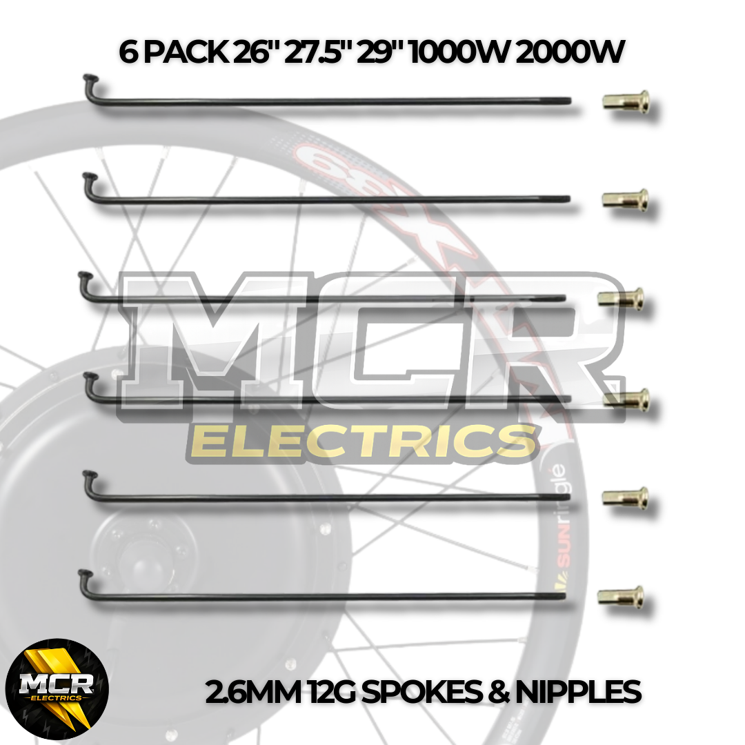 2.6mm 12G Spokes & Nipples Front Rear E Bike Wheel Motor All Rim Types Black 6 Pack