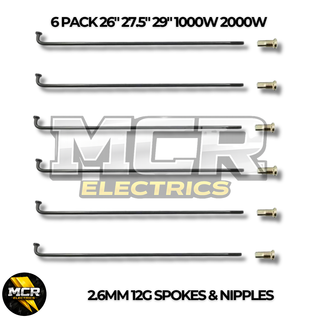 2.6mm 12G Spokes & Nipples Front Rear E Bike Wheel Motor All Rim Types Black 6 Pack