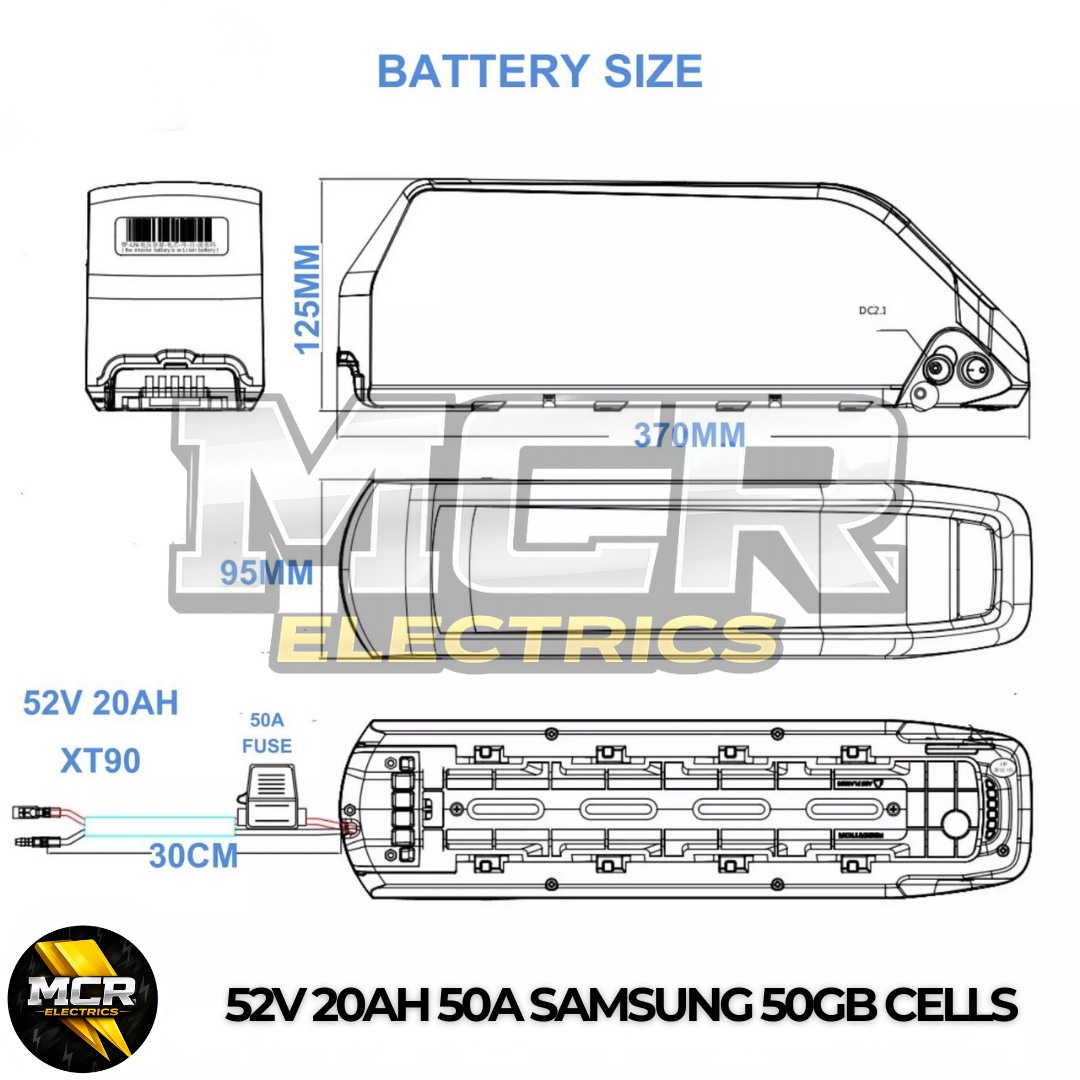 Samsung 52V 20Ah E Bike Battery 50A BMS 21700 Cells XT90 Base 4 Slot + Charger Electric Bicycle 200W-2000W UK