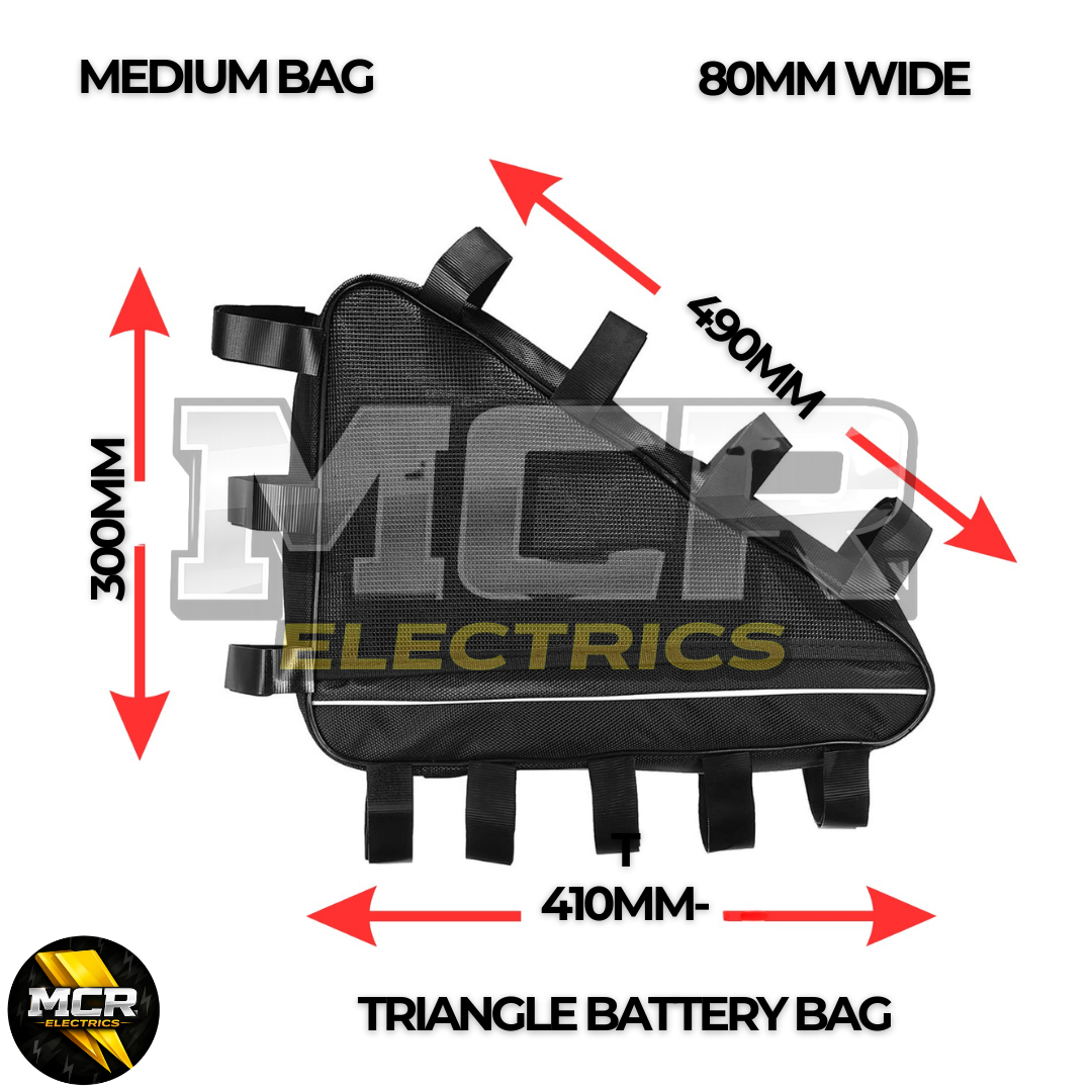 E-Bike Triangle Battery Storage Bag 36V 48V 52V 60V 72V Small Medium Large Water Resistant High Quality Oxford Cloth