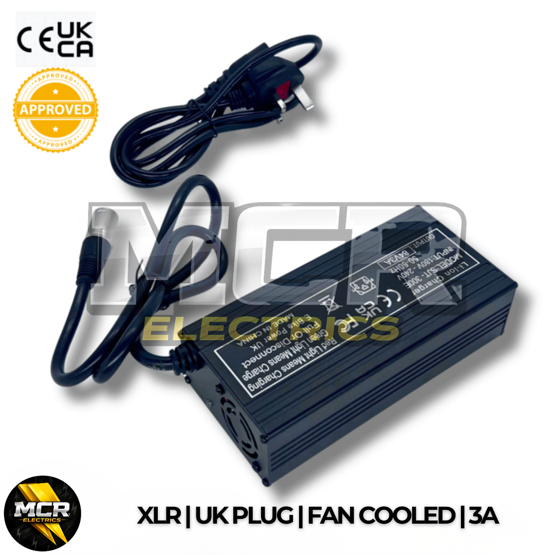72V/84V E Bike Battery Charger 3A XLR Plug, UK Plug, Fan Cooled, Aluminium Body, Black Finish