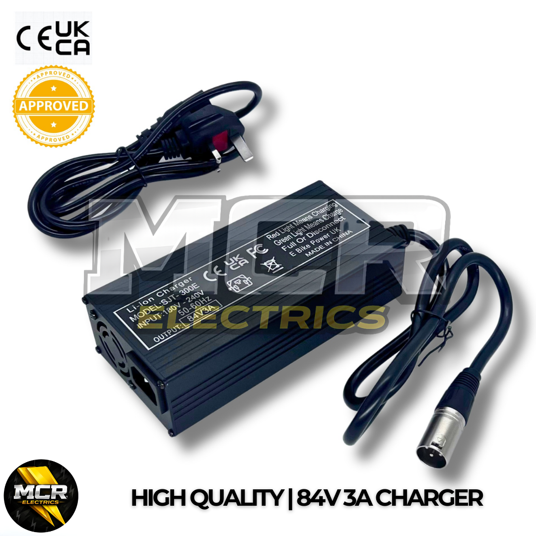 72V/84V E Bike Battery Charger 3A XLR Plug, UK Plug, Fan Cooled, Aluminium Body, Black Finish