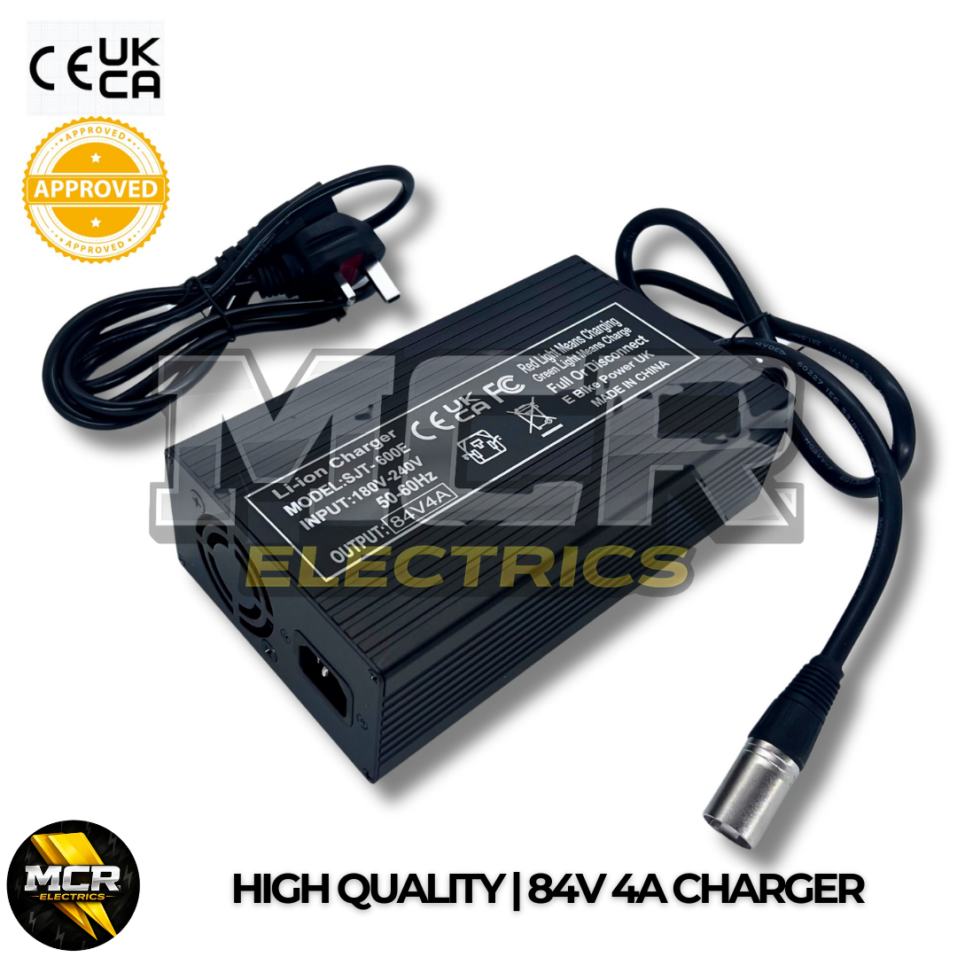 72V/84V E Bike Battery Charger 4A XLR Plug, UK Plug, Fan Cooled, Aluminium Body, Black Finish
