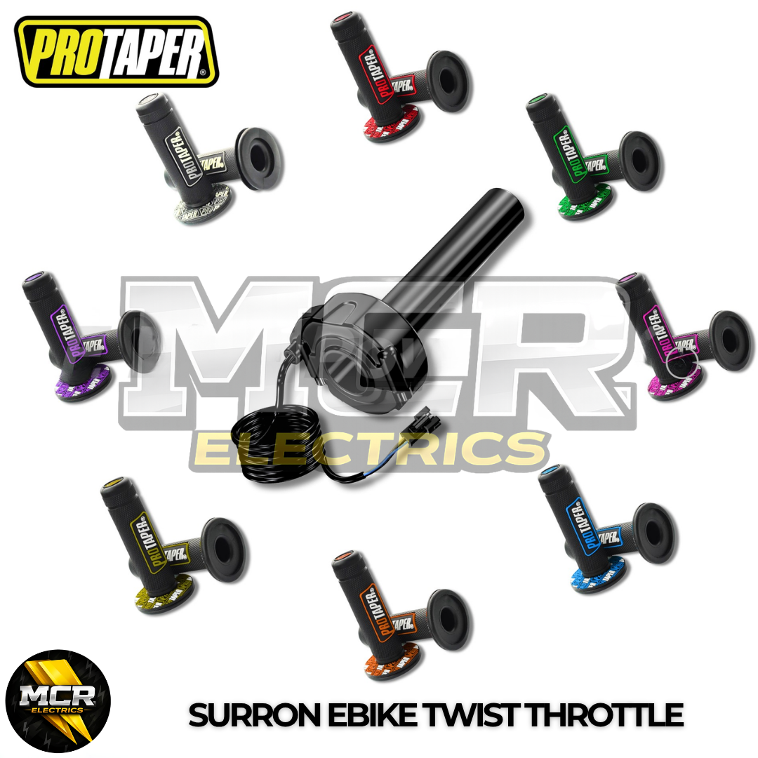SurRon Style E-Bike Twist Throttle with Protaper Waffle Grips – All Colours – 3 Pin SM JST Plug – Compatible with Sabvoton, Far Driver, DC MOTO, KT Controllers – UK Stock