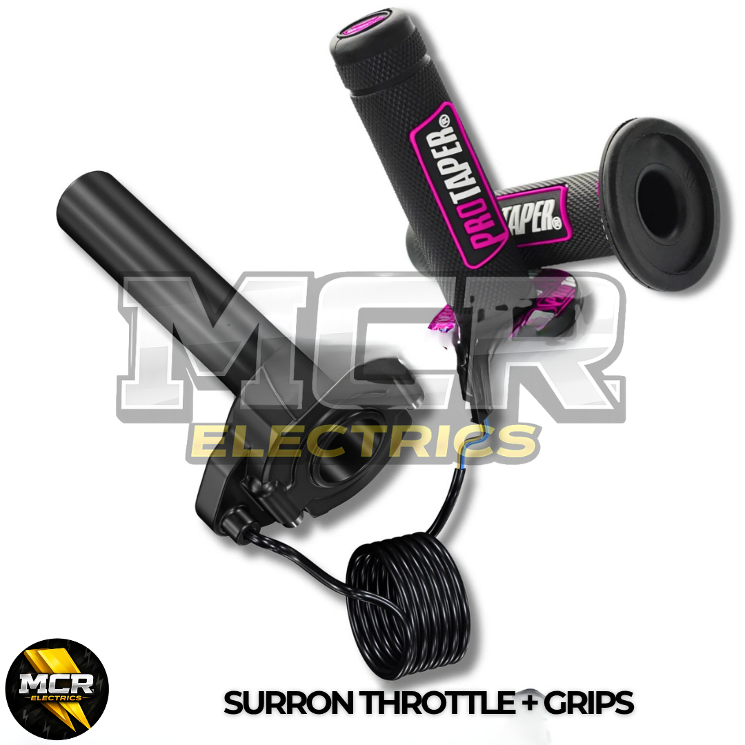 SurRon Style E-Bike Twist Throttle with Protaper Waffle Grips – All Colours – 3 Pin SM JST Plug – Compatible with Sabvoton, Far Driver, DC MOTO, KT Controllers – UK Stock
