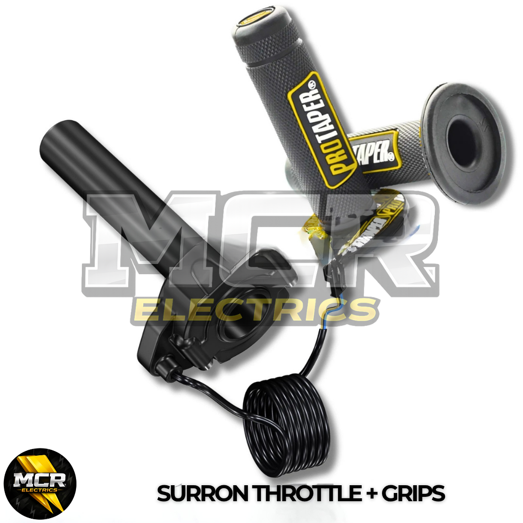 SurRon Style E-Bike Twist Throttle with Protaper Waffle Grips – All Colours – 3 Pin SM JST Plug – Compatible with Sabvoton, Far Driver, DC MOTO, KT Controllers – UK Stock