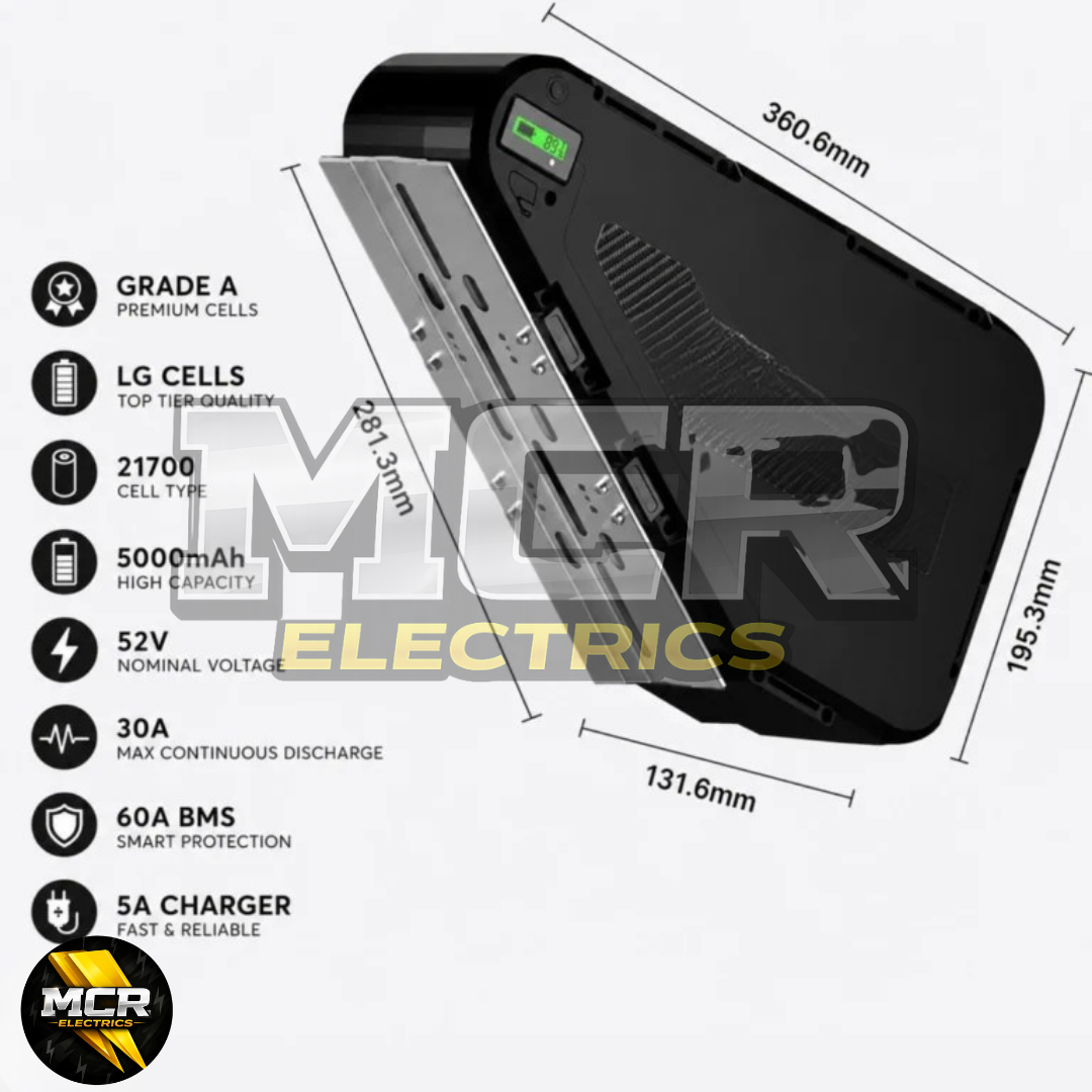 52V Triangle Lithium Electric Bike Battery 30Ah LG MLT Cells 250W-3000W UKCA