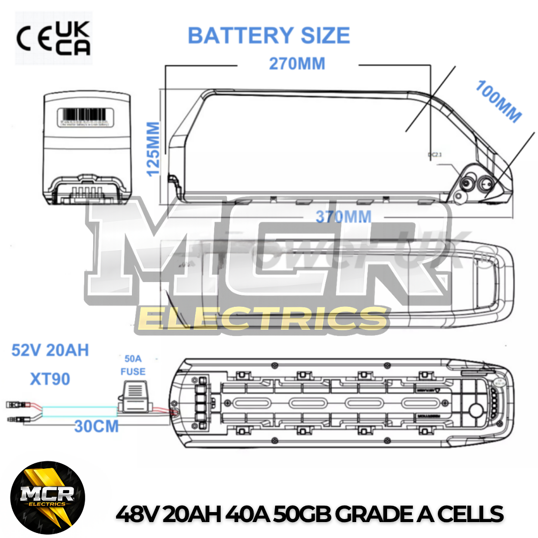 48V 20Ah 1000Wh Poly E Bike Battery | 21700 50GB Cells 40A BMS XT90 + Charger UK | 250W-1500W