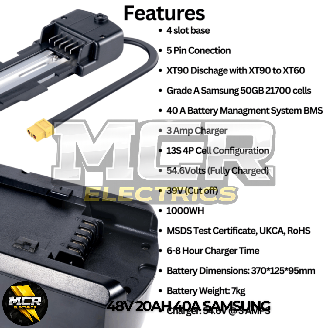 48V 20Ah E-Bike Battery | Samsung 21700 Cells 40A BMS XT90 + Charger UK | 250W-1500W