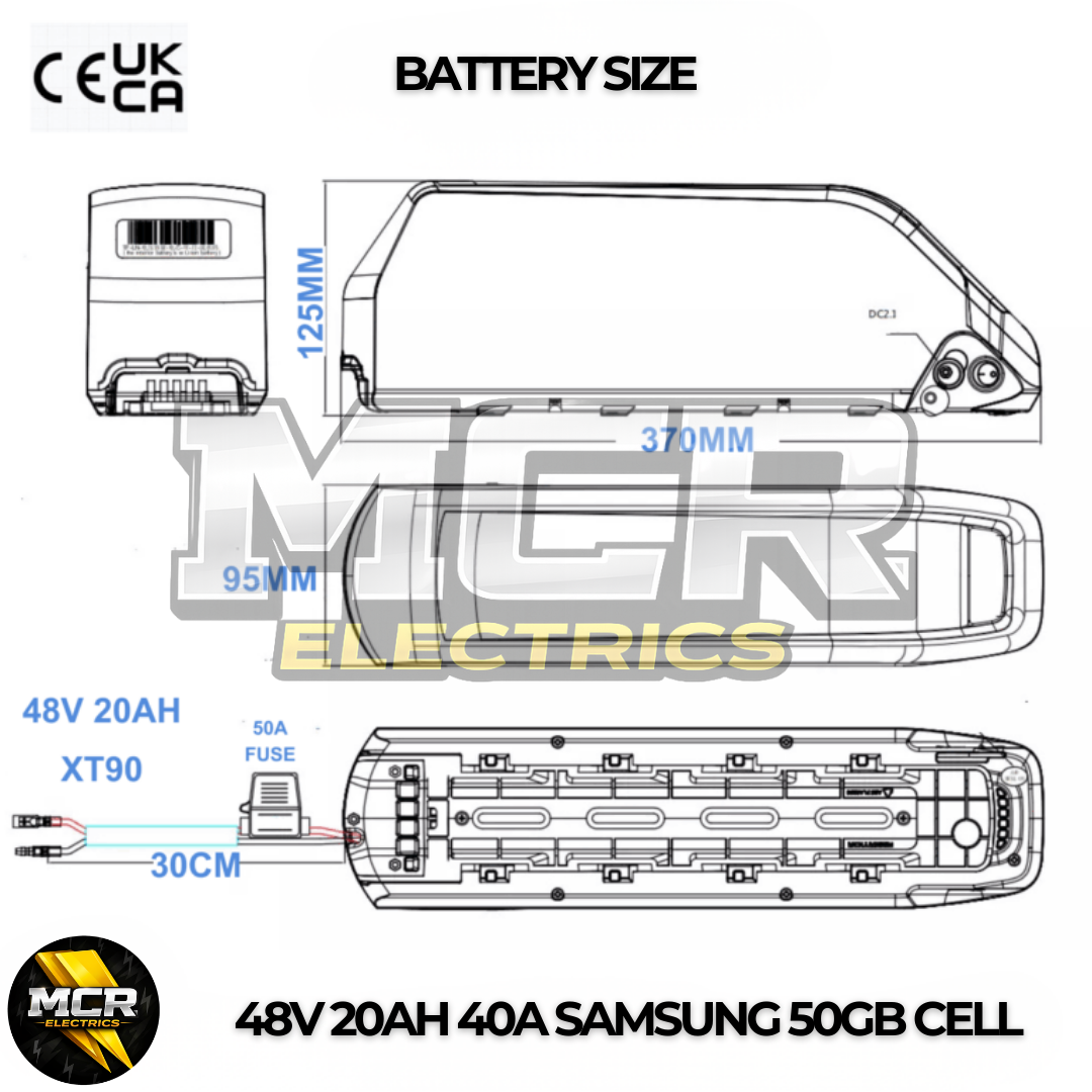 48V 20Ah E-Bike Battery | Samsung 21700 Cells 40A BMS XT90 + Charger UK | 250W-1500W