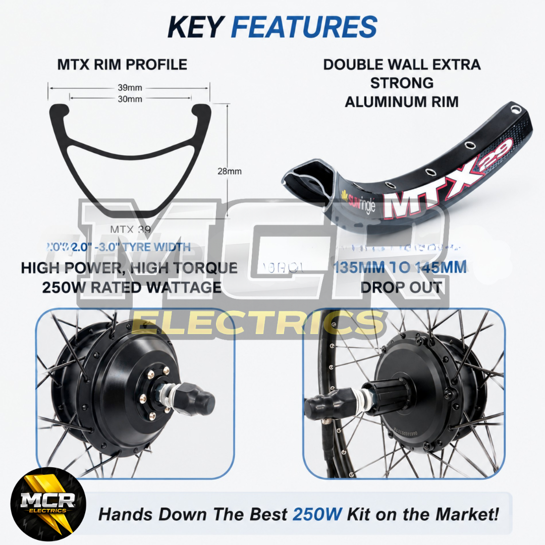 Ultimate MTX 48V 250W Road Legal E Bike Conversion Kit HG Cassette 1-11 Speed Rear Wheel | 48V 19.2AH LG Battery