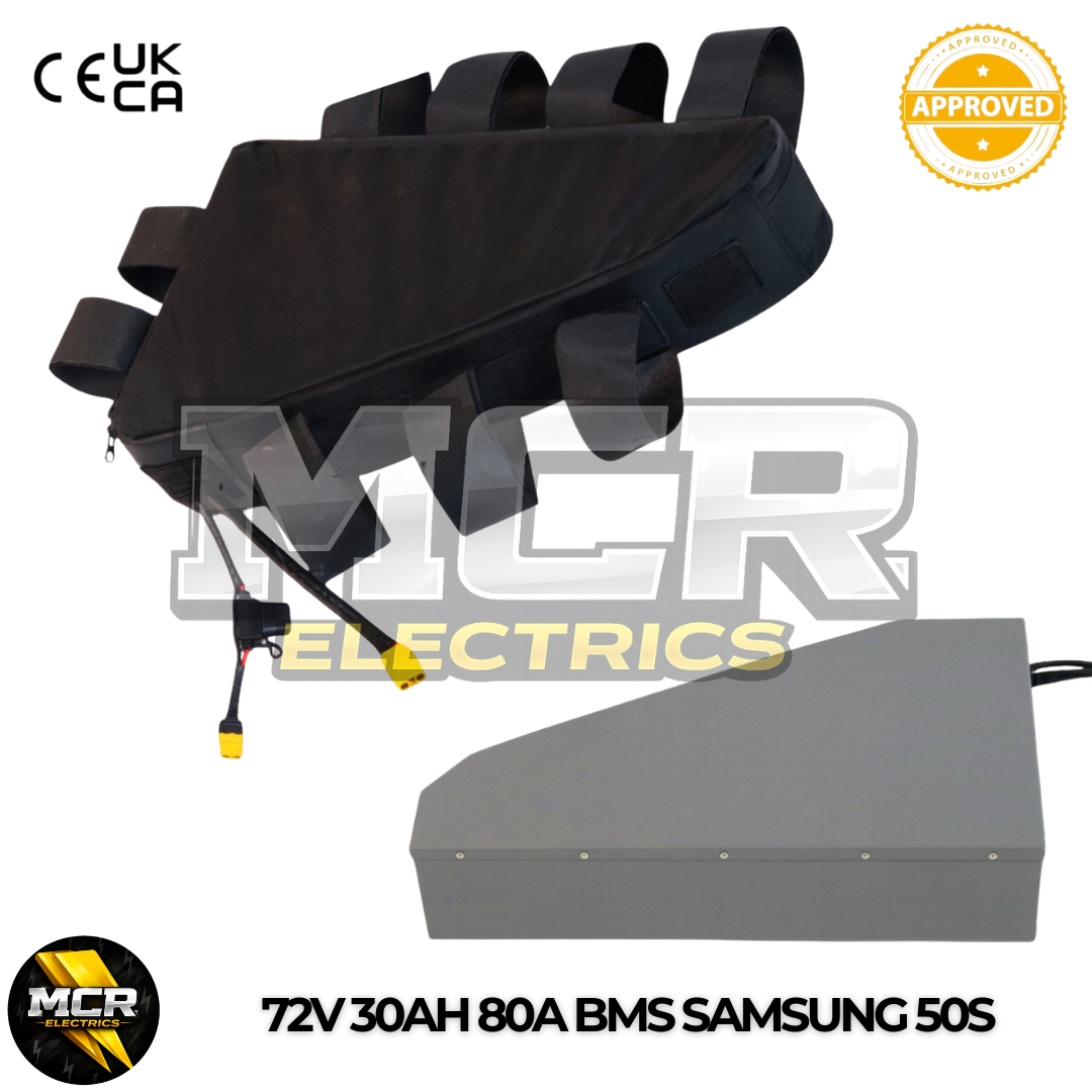 72V 30AH Aluminum Triangle Case Bag Lithium E-Bike Battery 3000W 80A BMS Big Capacity Samsung 50S