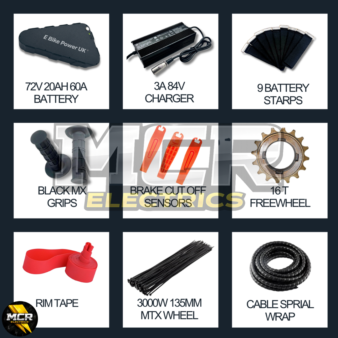 3000W E-Bike Conversion Kit | 72V 60A Sine Wave Controller | High-Torque Rear Wheel (26″ / 27.5″ / 29″) | 135 mm Dropout | Single-Speed Electric Bike Kit