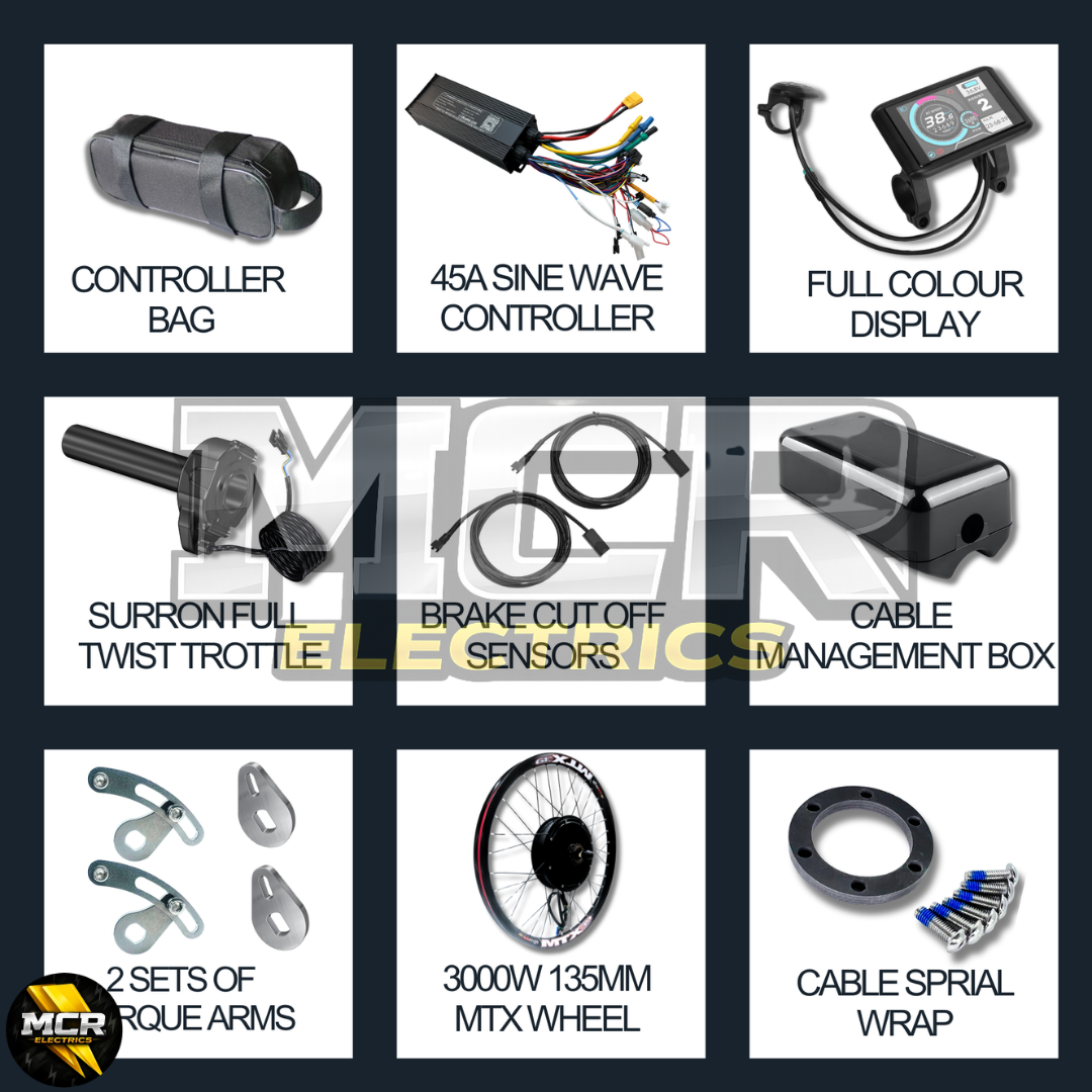 3000W E-Bike Conversion Kit | 72V 60A Sine Wave Controller | High-Torque Rear Wheel (26″ / 27.5″ / 29″) | 135 mm Dropout | Single-Speed Electric Bike Kit
