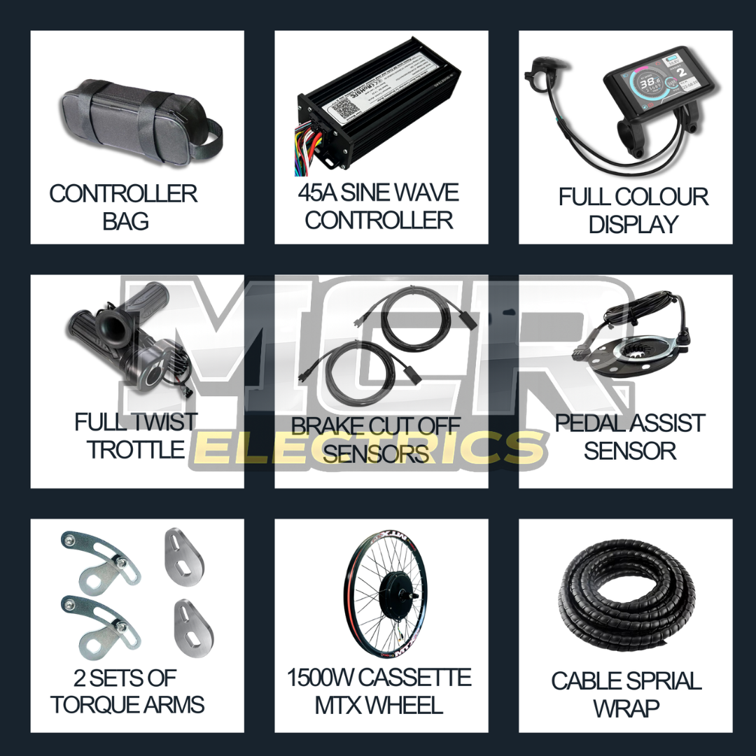 1500W E-Bike Conversion Kit 48V-52V Cassette Rear Wheel Samsung 48V 24.5Ah Battery, Colour Display, MTX39 Rim, Fits 7–11 Speed Cassettes | High-Torque Electric Bike Kit