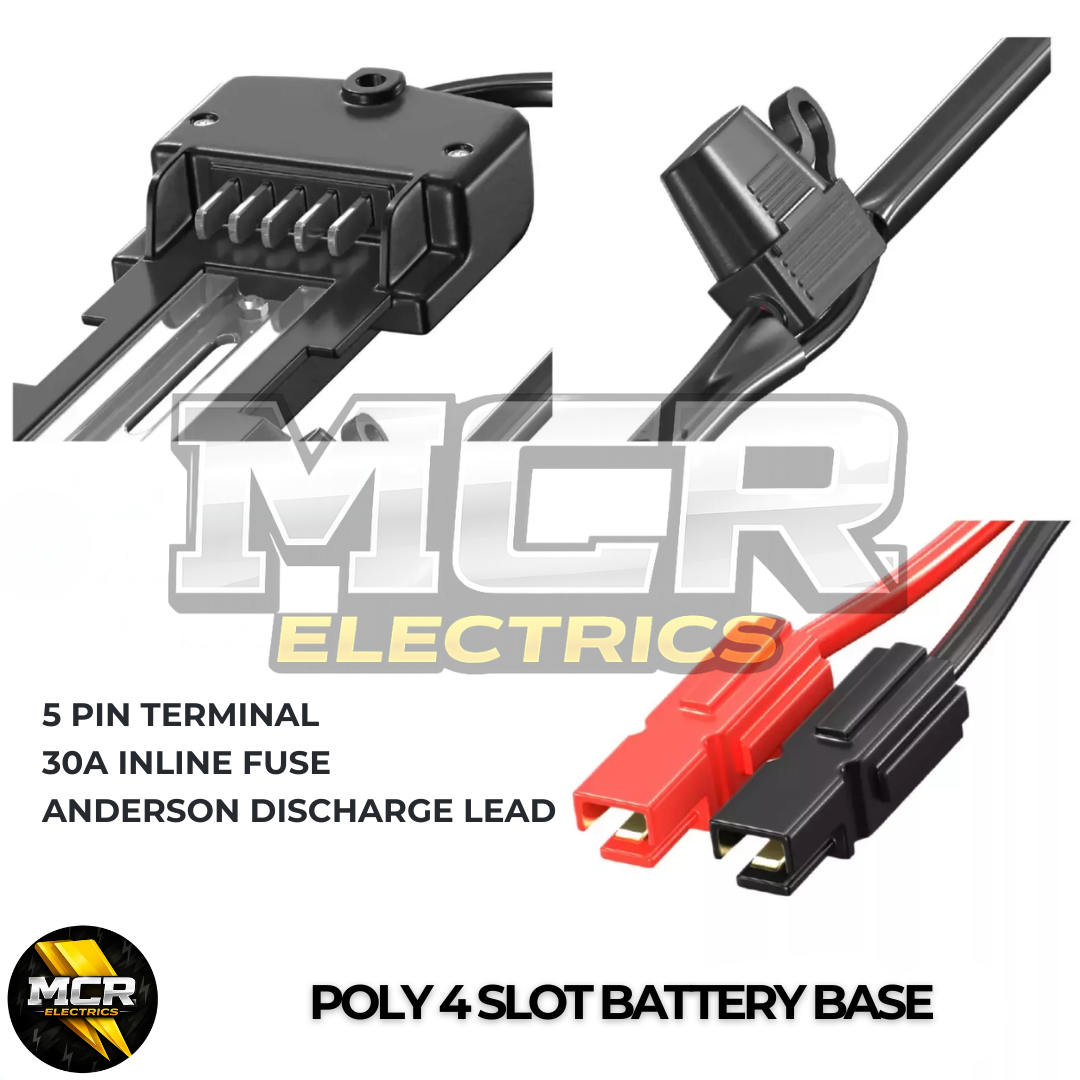 E-Bike Poly Battery Base 5 Pin 4 Slot Holder | 30A Fuse & Anderson Connector | Replacement Mount for Electric Bicycle Battery Pack