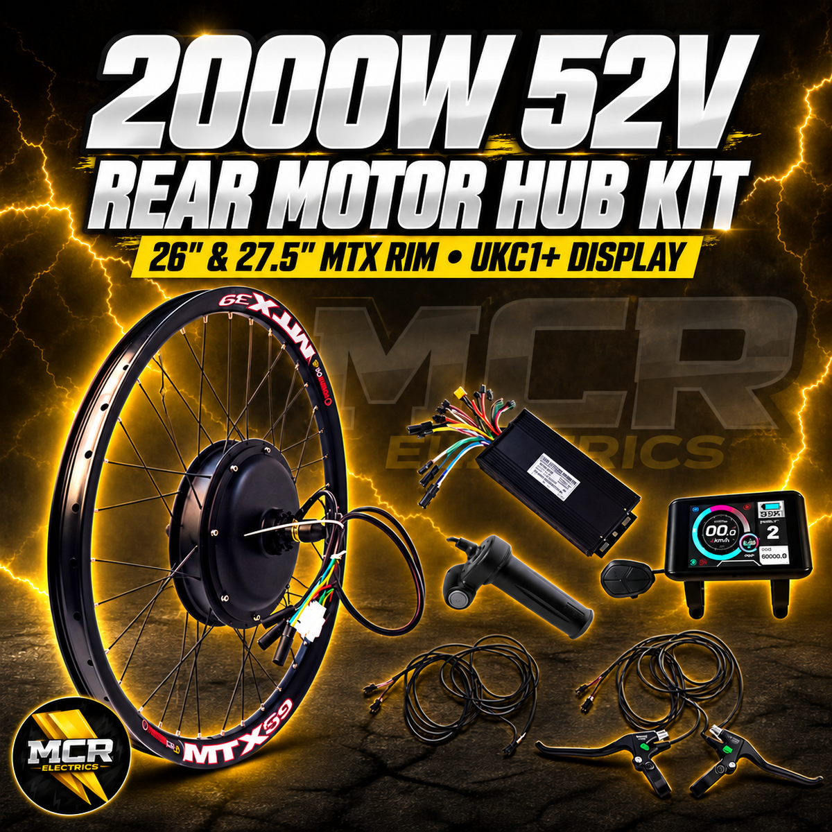2000W  52V, 26″ & 27.5″ MTX39 Rear Hub Motor Kit UKC1+ display