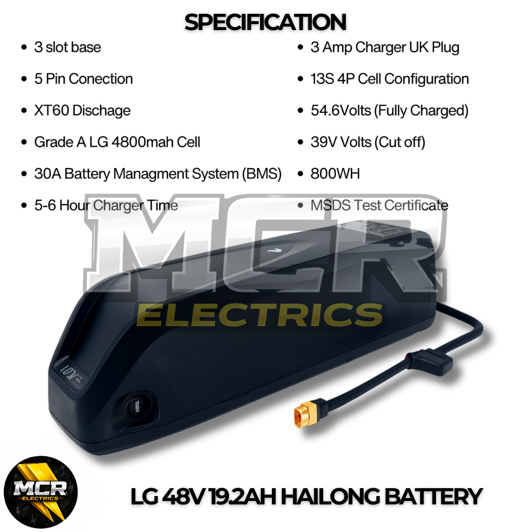 48V 19.2Ah LG E-Bike Battery, 3 Slot Hailong Base, Grade A 21700 Cells, 30A BMS, for 250W–1000W Electric Bike Motors, Fast UK Stock