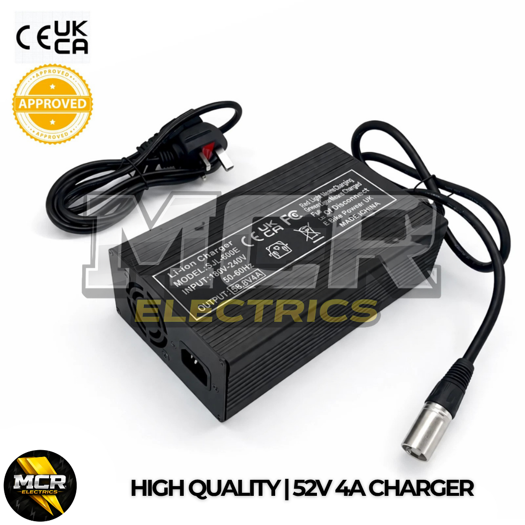 52V (58.8V) Fan Cooled Battery Charger 14s 4A 3 Pin XLR Li-ion UK Plug SJT-600E