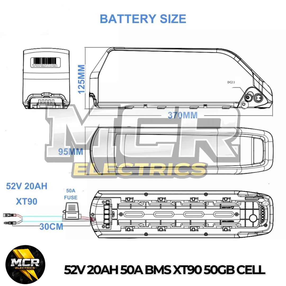 52V 20Ah E Bike Battery 50A BMS 21700 Cells XT90 Base 4 Slot + Charger Electric Bicycle 200W-2000W UK