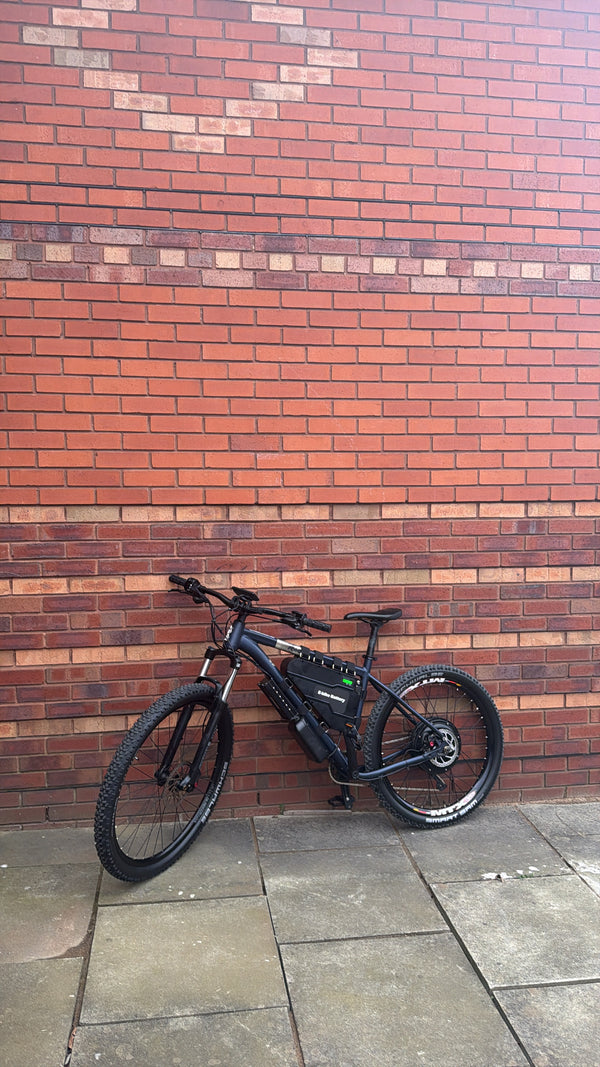 Black bicycle leaning against a red brick wall.