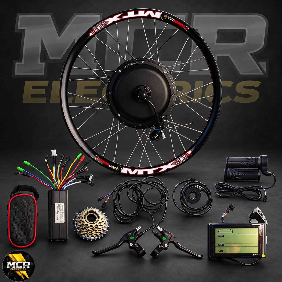 1000W rear motor conversion kit parts on MCR Electrics dark background