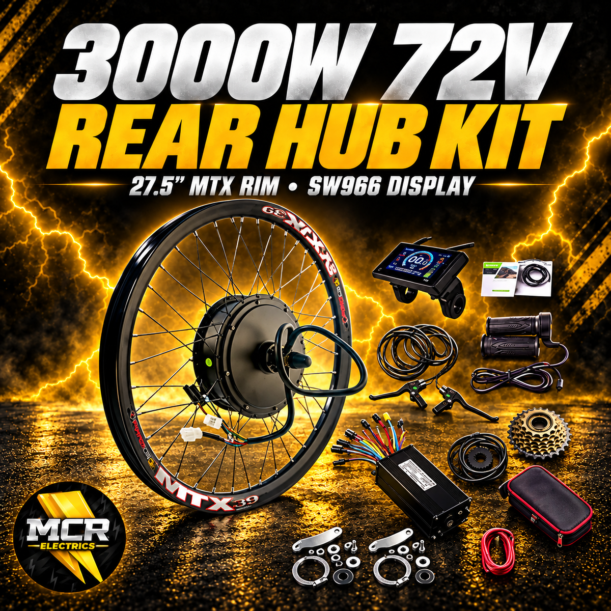 MCR Electrics 3000W 72V 27.5-inch MTX rim rear hub kit with SW966 display