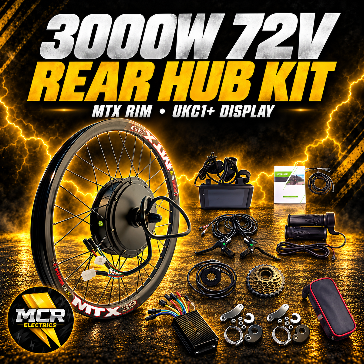 3000W 72V rear hub motor kit with UKC1+ display, 27.5-inch and 29-inch options