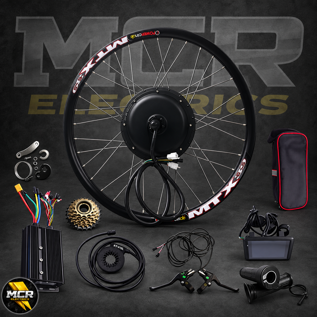 MCR Electrics 5000W rear hub kit components on dark background