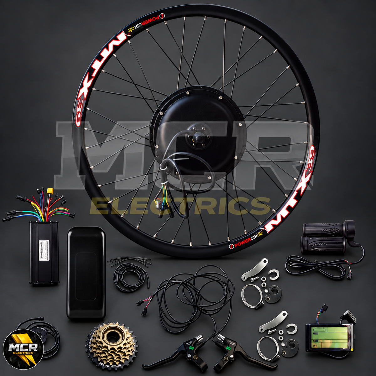 Complete 2000W rear hub conversion kit with MCR Electrics watermark