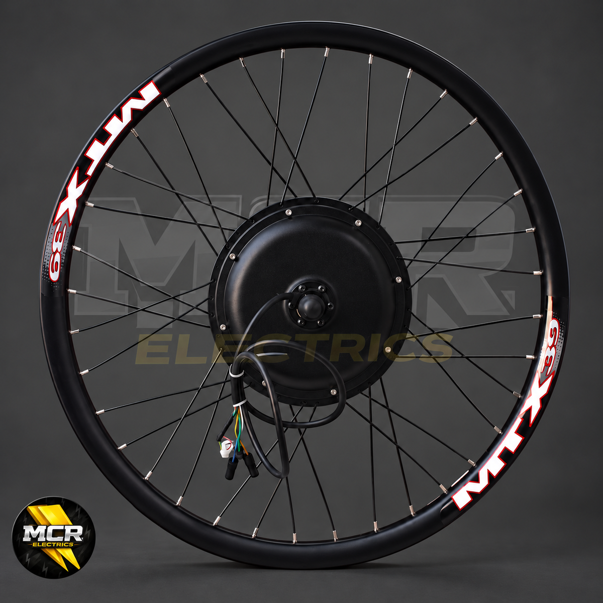 Rear hub motor wheel and MTX rim with MCR Electrics watermark
